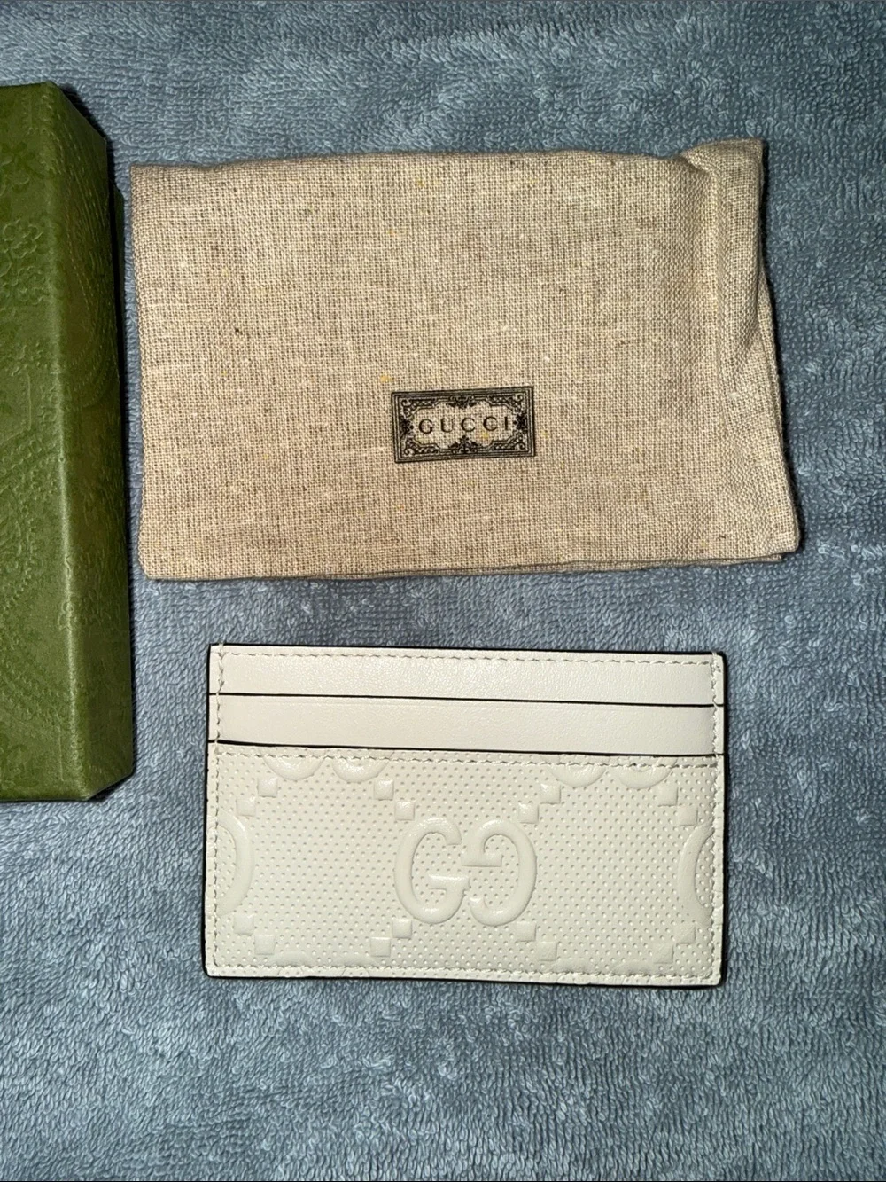 Gucci Cream Embossed Leather Card Holder with Green Box and Beige Dust Bag